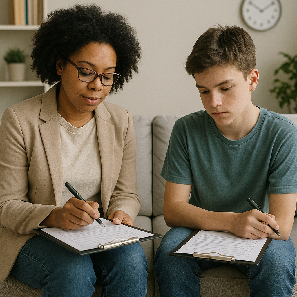 Therapist and teenager taking an assessment-1